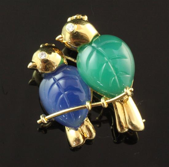 A 1990s Cartier 18ct gold, diamond and two colour chalcedony brooch.